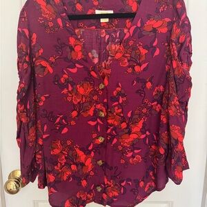 Floral Button-Up Blouse - Purple and Red